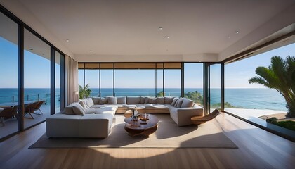 Fototapeta premium Modern oceanfront home with a sleek interior. Floor-to-ceiling windows showcase panoramic coastal views, blending luxurious living with natural beauty. Contemporary furniture complements the clean