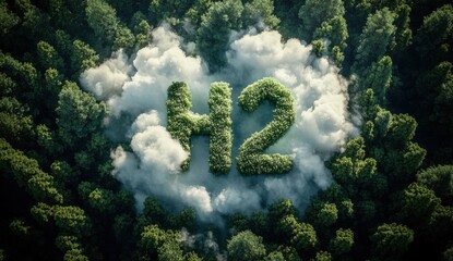 Aerial View of Green H2 Symbol Emerging from Clouds Above a Lush Forest: Clean Energy Concept