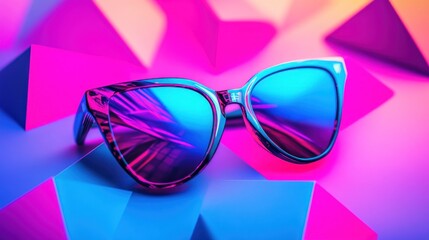 Stylish sunglasses resting on colorful geometric shapes with vibrant lighting.