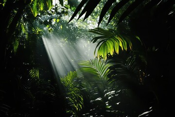 Naklejka premium A tropical rainforest environment with dark silhouetted plants and trees, emphasizing exotic wildlife settings.