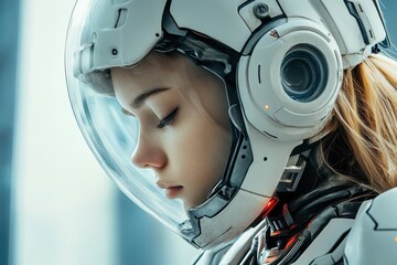 A futuristic female astronaut in a sleek helmet gazes thoughtfully, embodying a blend of technology and human emotion.