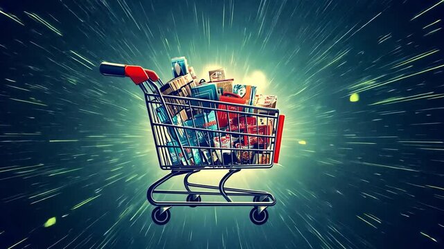 Shopping Spree in Lightspeed: A shopping cart overflowing with diverse products explodes with radiant energy, symbolizing the thrill and excitement of online shopping and consumerism.