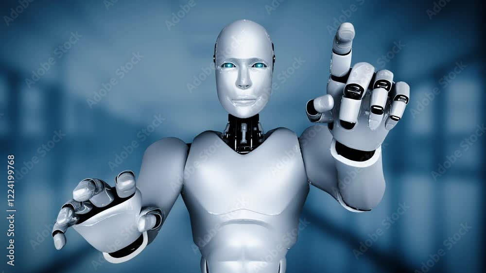 Poster ai hominoid robot touching virtual hologram screen showing concept of big data analytic using artifi