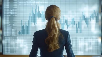 Woman analyzing market data on large screen