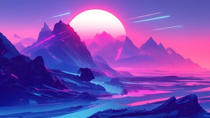 Synthwave retro cyberpunk style landscape with neon colors
