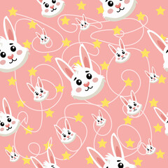 Seamless Cute Bunny Pattern on Pink Background with Stars