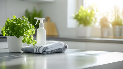 Clean kitchen table with disinfectant spray and towel, showcasing a simple sanitizing routine for hygiene and safety