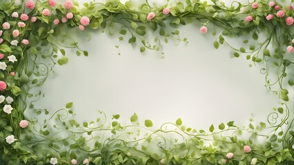 Fototapeta premium Elegant floral frame with delicate pink and white flowers and lush green vines on a soft green background, perfect for invitations, cards, or website banners.