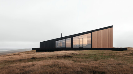 Modern Minimalist House on a Hilltop: A striking contemporary home with a dramatic angular design, black exterior, and warm wood accents.