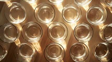 Neatly arranged empty glasses on a table, symbolizing simplicity and order in dining