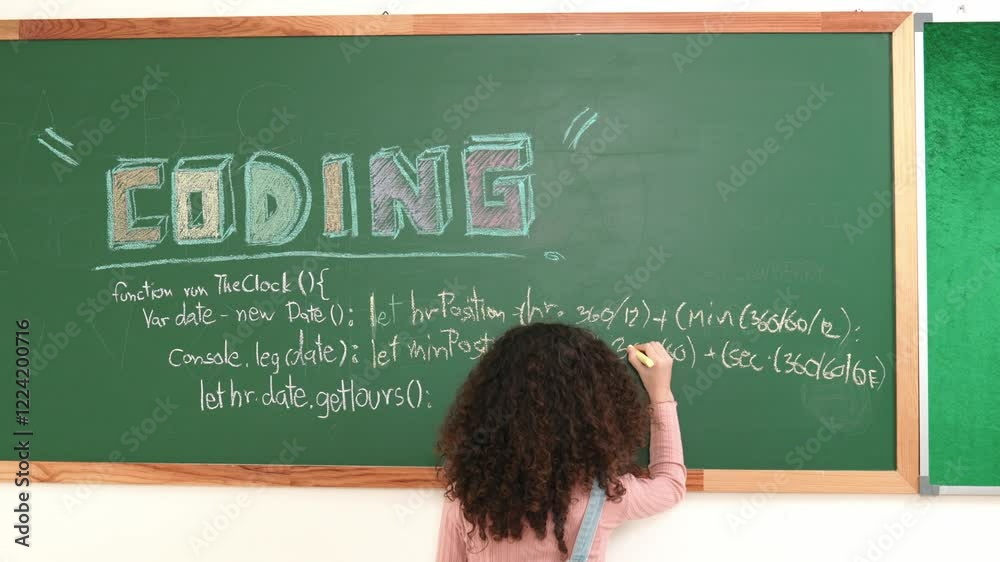 Poster smart american girl writing engineering prompt and programing system while standing blackboard with 
