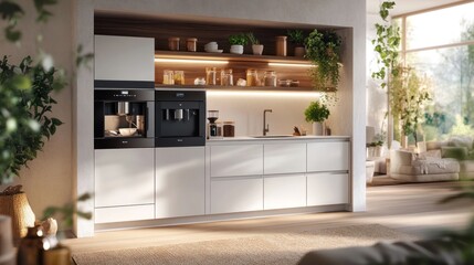 Fototapeta premium Modern kitchen built-in coffee machine sunlight