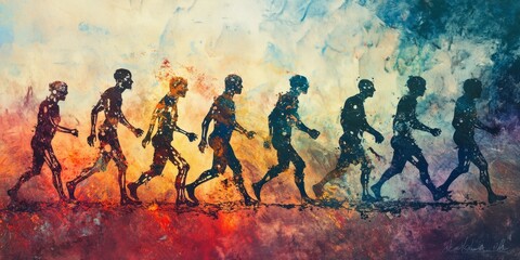 A painting of a group of people walking in a line