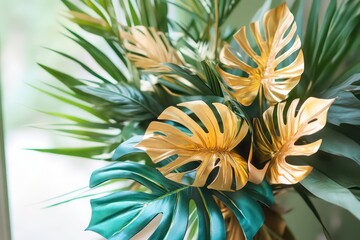 A unique wedding bouquet featuring gold tropical leaves blended with vibrant green foliage and watercolor details.