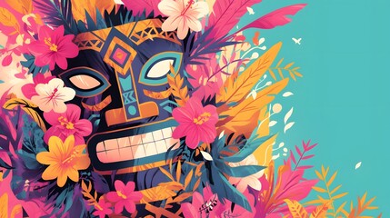 Tiki design for a tropical-themed party invitation with flowers and vibrant colors