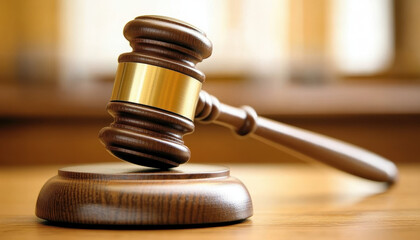 Obraz premium close up of gavel resting on wooden base, symbolizing justice and authority in courtroom setting. warm tones evoke sense of seriousness and professionalism