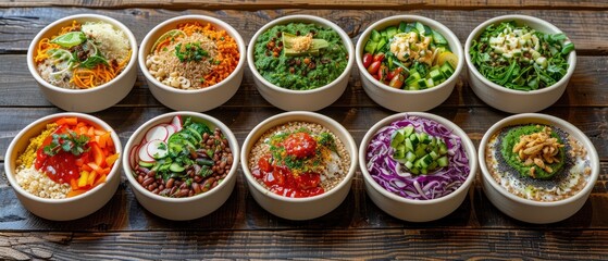 Colorful assortment of fresh, healthy salads in bowls arranged on a rustic wooden table