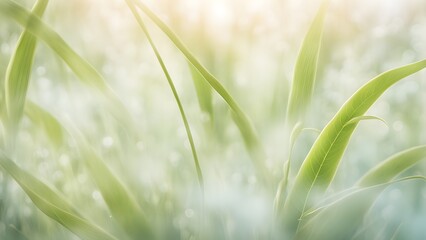 Obraz premium Soft-focus image of delicate green leaves bathed in sunlight, creating a serene and peaceful nature background.
