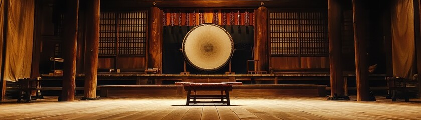 Naklejka premium A serene interior view featuring a large traditional drum set against a cultural backdrop, evoking a sense of calm and reverence in the atmosphere.