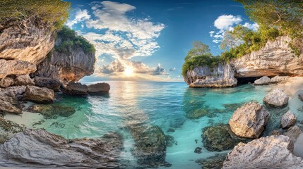 Tropical beach sunrise, limestone cliffs, turquoise water, 360 panorama, travel