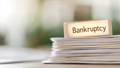 Stack of financial documents with sign reading Bankruptcy, symbolizing financial distress and legal processes. This captures essence of economic challenges