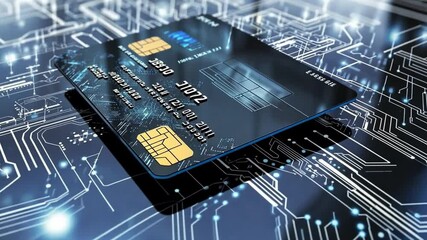 Digital Payment Technology: A close-up shot of a credit card, subtly elevated, rests on a circuit board, symbolizing the seamless integration of finance and technology. - Powered by Adobe