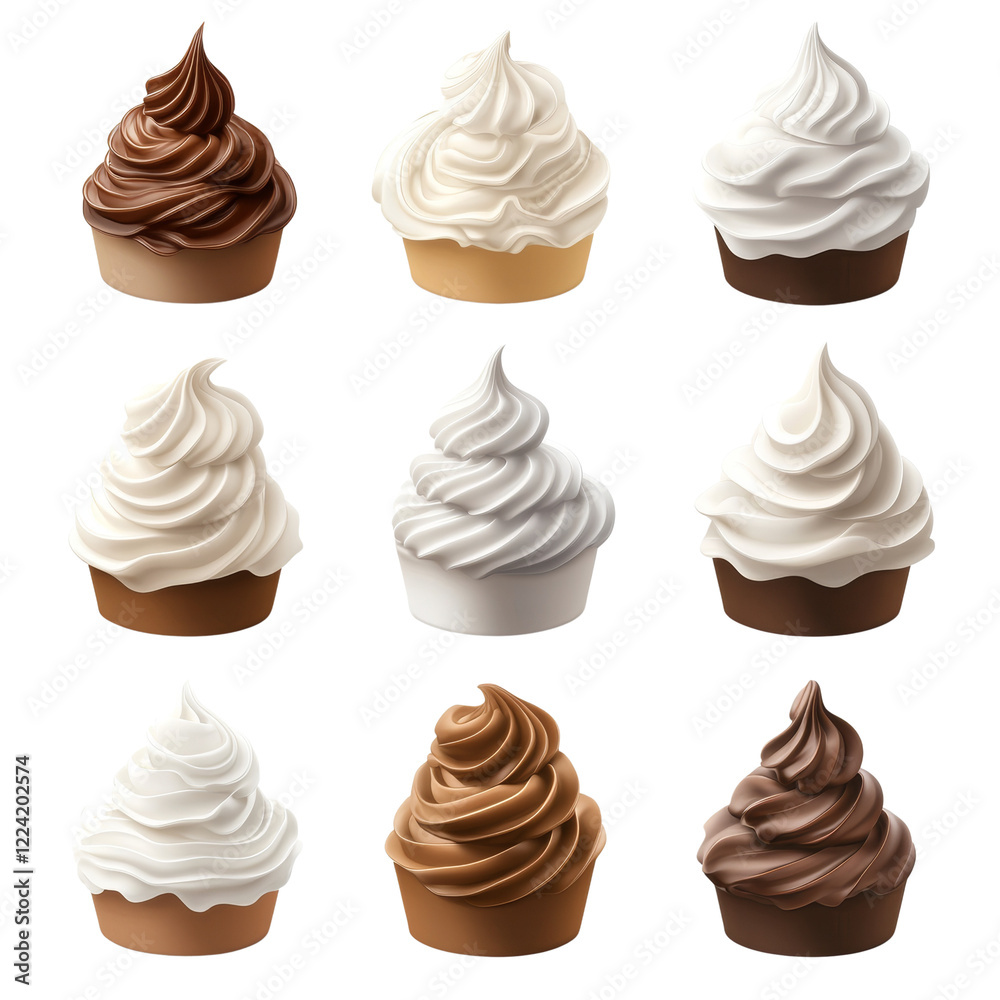 Poster a digital image showcasing nine realistically rendered cupcakes with vanilla and chocolate frosting 