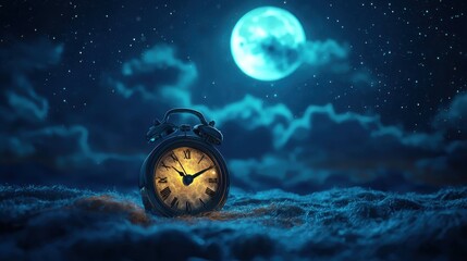 A surreal scene featuring a vintage clock set against a night sky illuminated by a bright moon and twinkling stars, evoking feelings of nostalgia and wonder.
