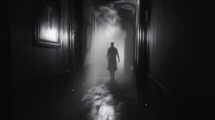 Mysterious Silhouette in Foggy Hallway with Eerie Atmosphere and Dramatic Lighting