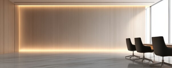 A modern conference room featuring minimalist design elements, with a wooden wall and soft ambient lighting.