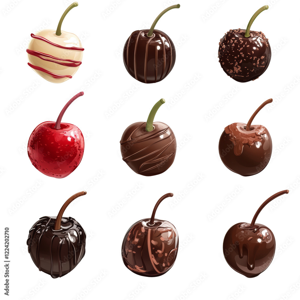 Poster An image showcasing nine realistically rendered chocolate covered cherries each with a unique chocolate and topping design.