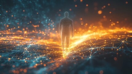 Futuristic Digital Landscape with Human Silhouette and Glowing Network Connection