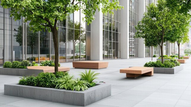 Modern City Park with Benches and Greenery