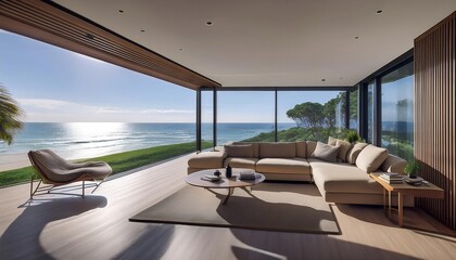 Fototapeta premium Modern oceanfront home with a sleek interior. Floor-to-ceiling windows showcase panoramic coastal views, blending luxurious living with natural beauty. Contemporary furniture complements the clean