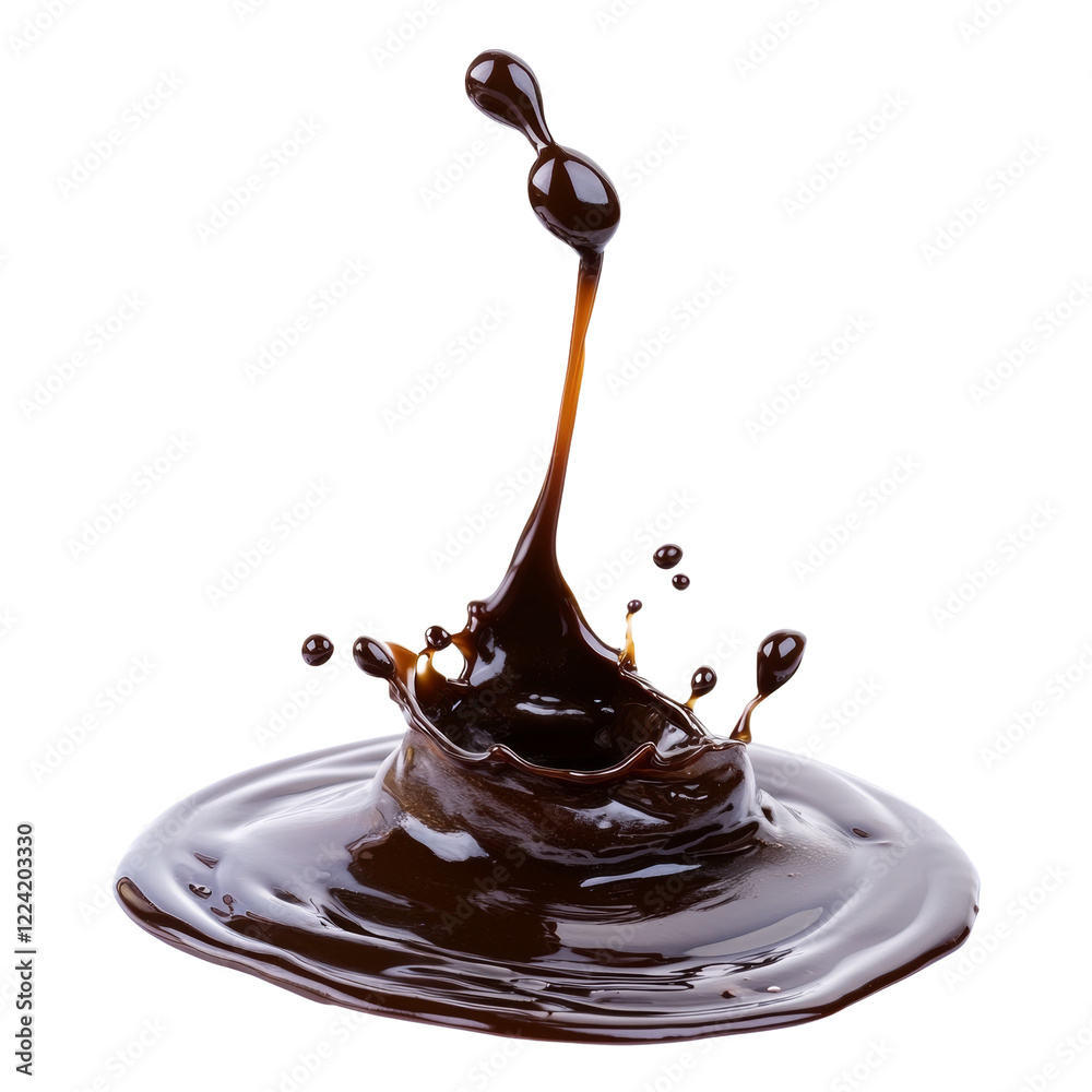 Poster a captivating image showcasing a dark chocolate liquid creating a dramatic splash against a black ba