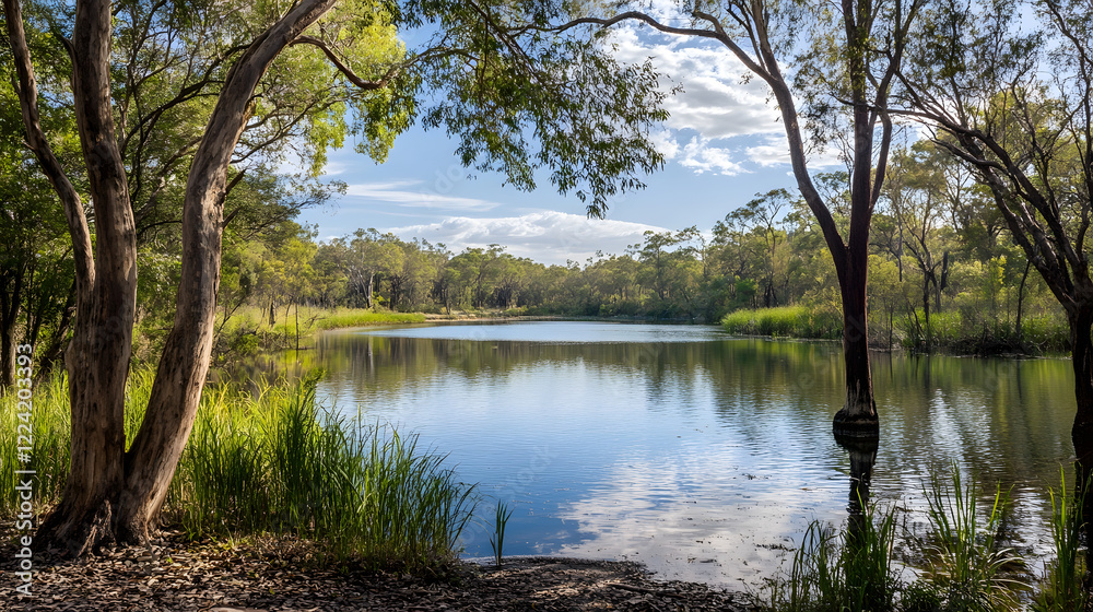 Poster serene lake view surrounded by lush greenery and tranquil atmosphere in nature landscape : generativ