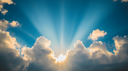 Dramatic Sun Rays Breaking Through Fluffy Clouds in Bright Blue Sky : Generative AI