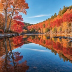 Obraz premium Vibrant autumn landscape with colorful trees reflecting in calm water under clear blue sky