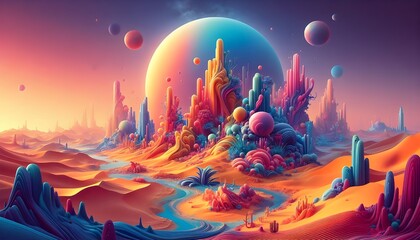 Fototapeta premium PNG Vibrant surreal desert landscapes on transparent background