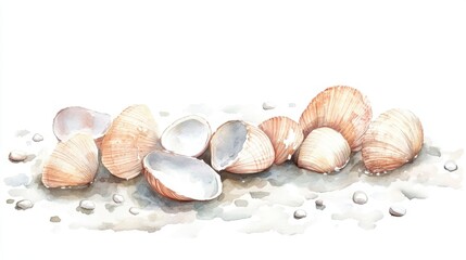 A beautiful assortment of seashells arranged elegantly on a sandy surface, showcasing a blend of textures and colors, perfect for nature-themed projects.