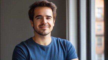 Obraz premium Young man smiling warmly, soft light enhancing his cheerful expression, minimal background