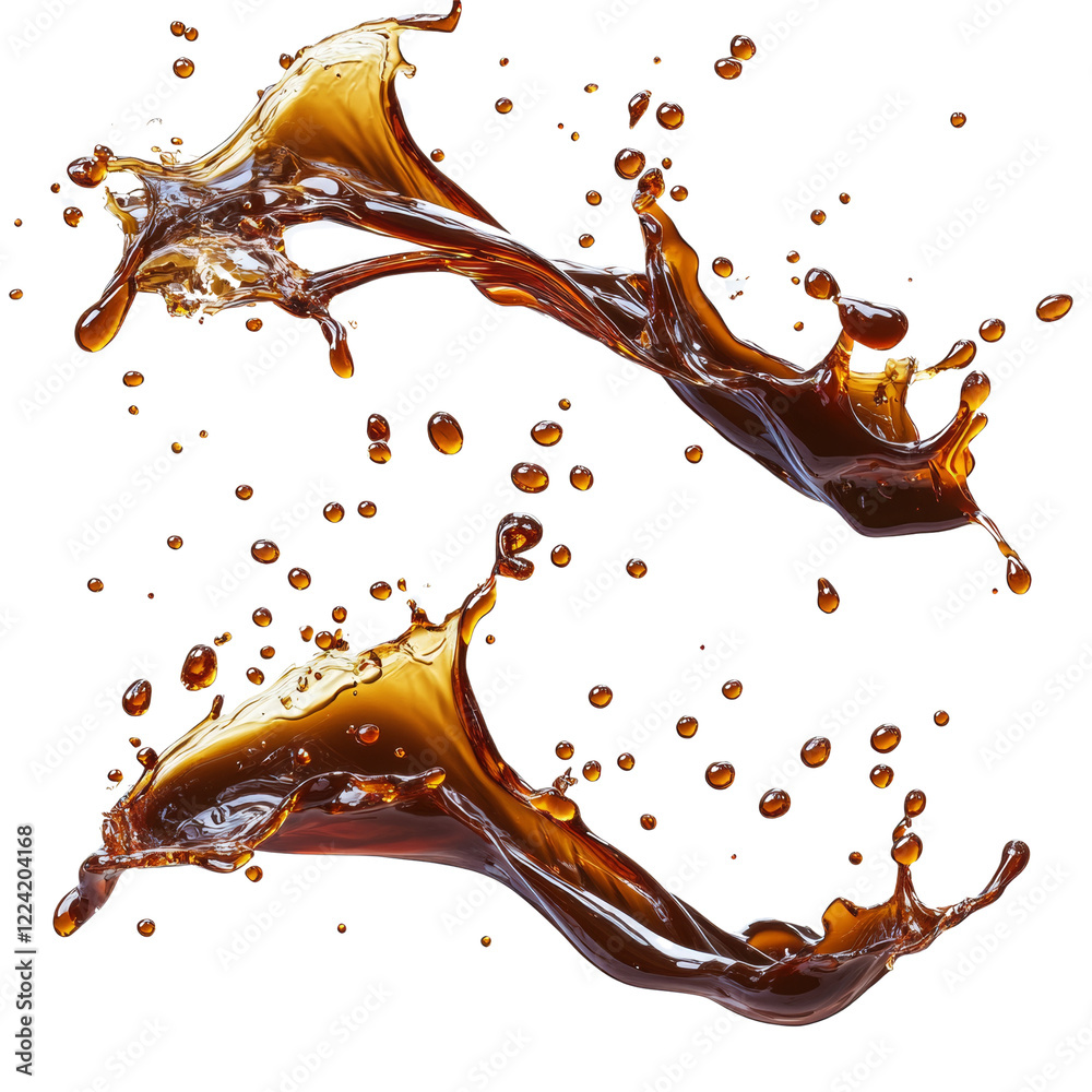 Poster A dynamic image showcasing two splashes of dark brown liquid against a black background with many droplets scattered around.
