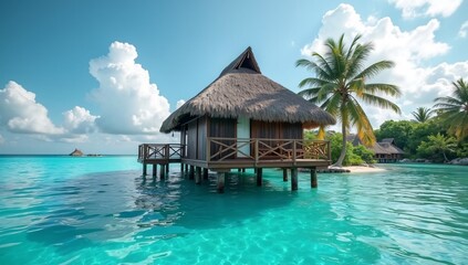 Tropical hut in water, Travel background, sea background