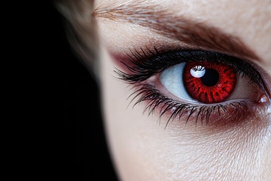 Closeup of a woman's eye with red iris and dark makeup