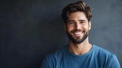 Obraz premium Young man smiling warmly, soft light enhancing his cheerful expression, minimal background