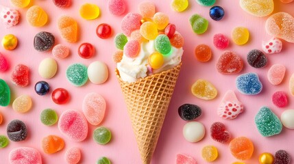 Colorful Gummy-Topped Ice Cream Cone on Pastel Pink Background, Minimalist Sweet Treat Concept