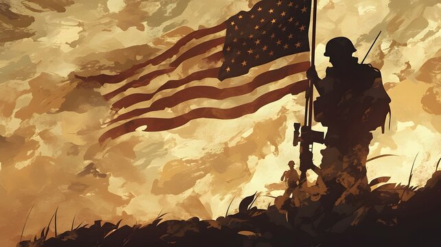 Veterans Day illustration with American flag and soldier silhouette, honoring veterans