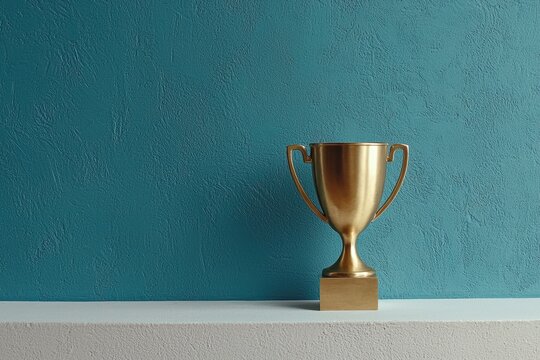 Gold trophy on white shelf against teal wall