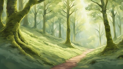 Obraz premium Sunlit path winding through a lush, green, fairytale forest.