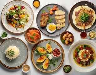 A beautiful top view of a set of plates of food, each meticulously arranged and isolated on a clean white background. This food collection showcases a variety of delicious dishes